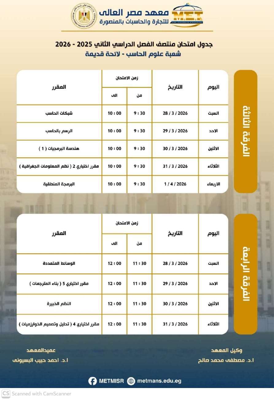 جدول منتصف الفصل الدراسي الثاني شعبة علوم الحاسب لائحة قديمة جدول منتصف الفصل الدراسي الثاني شعبة علوم الحاسب لائحة قديمة